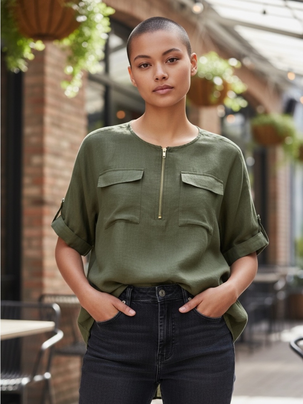 Ellen Tracy Olive Green Linen Half-Zip Tunic